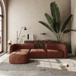 Brown L Shaped Sofa with Curved Velvet Design