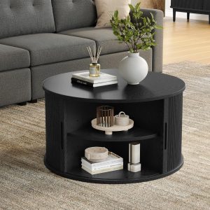 Black Fluted Coffee Table with Sliding Tambour Storage