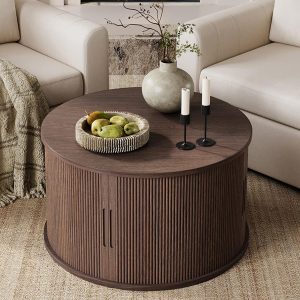 Fluted Round Coffee Table with Sliding Tambour Door