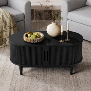 Black Oval Coffee Table with Sliding Tambour Storage Door