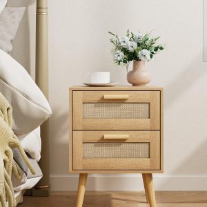 Rattan Bedside Table with Drawer and Wooden Legs