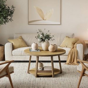 Industrial Round Coffee Table with Storage Shelves