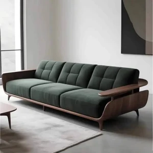 Modern Walnut Forest Green 3-Seater Sofa