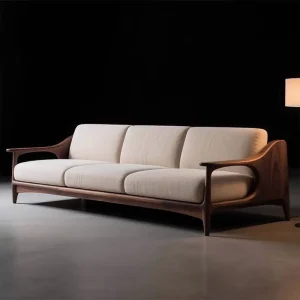Modern Walnut Minimalist 3-Seater Fabric Sofa